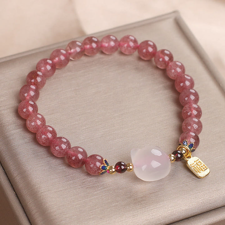 Braccialetto di guarigione con carattere di gatto Fu , Buddha Stones , quarzo fragola e giada bianca - image 10