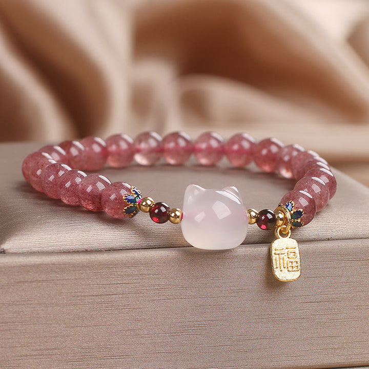 Braccialetto di guarigione con carattere di gatto Fu , Buddha Stones , quarzo fragola e giada bianca - image 3