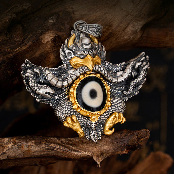 Collana Buddha Stones in argento sterling 925 con perline di protezione Dzi Garuda Bird del Tibet
