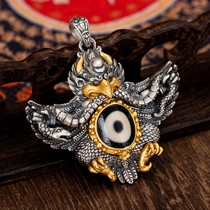 Collana Buddha Stones in argento sterling 925 con perline di protezione Dzi Garuda Bird del Tibet