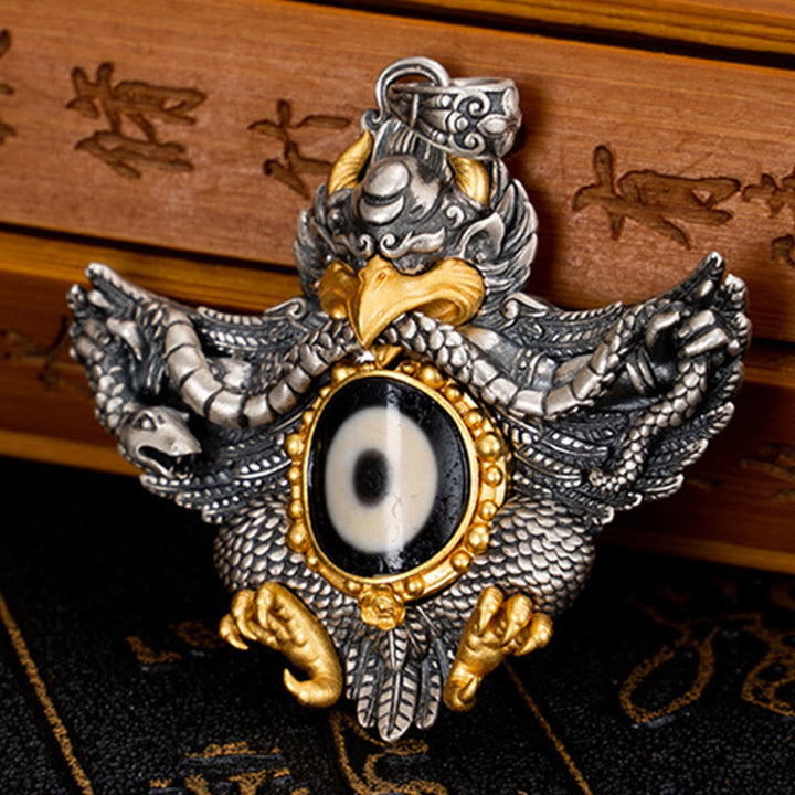 Collana Buddha Stones in argento sterling 925 con perline di protezione Dzi Garuda Bird del Tibet