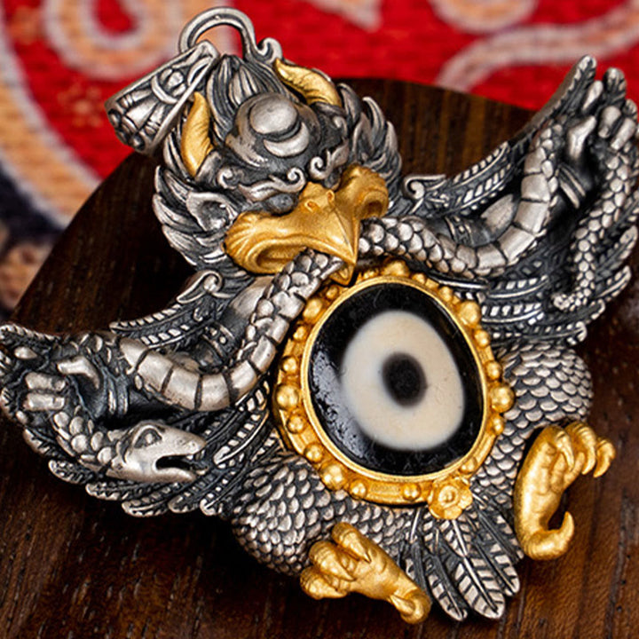 Collana Buddha Stones in argento sterling 925 con perline di protezione Dzi Garuda Bird del Tibet