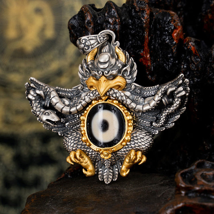 Collana Buddha Stones in argento sterling 925 con perline di protezione Dzi Garuda Bird del Tibet