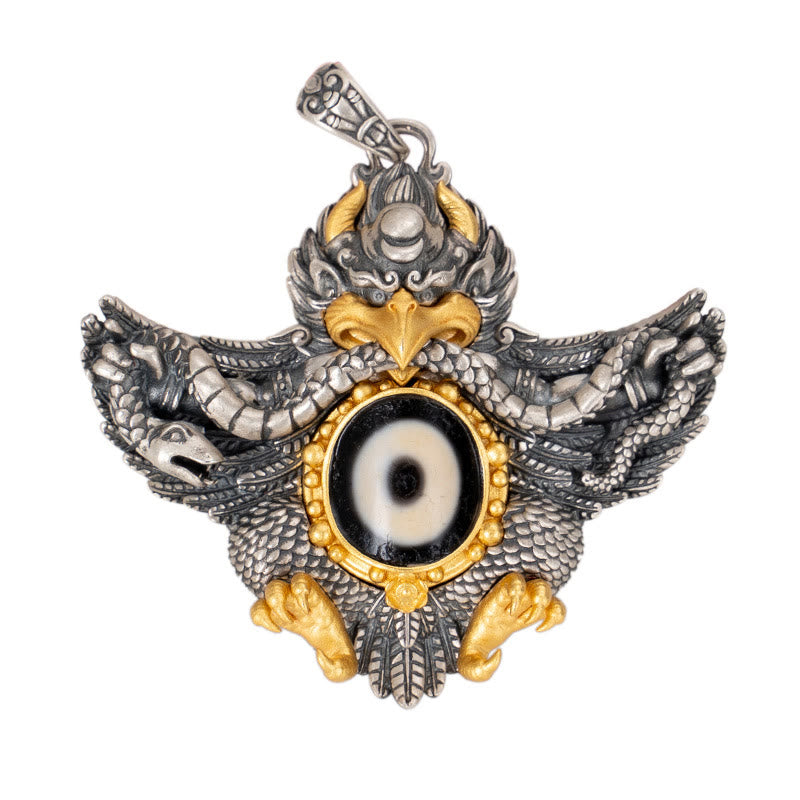 Collana Buddha Stones in argento sterling 925 con perline di protezione Dzi Garuda Bird del Tibet