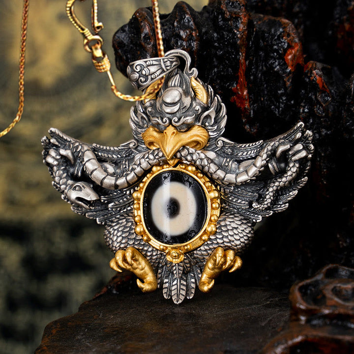 Collana Buddha Stones in argento sterling 925 con perline di protezione Dzi Garuda Bird del Tibet