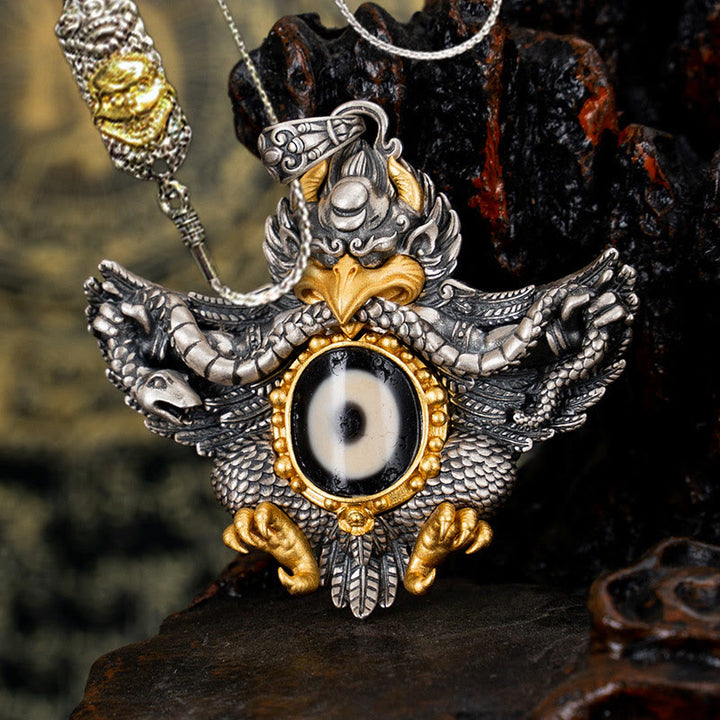 Collana Buddha Stones in argento sterling 925 con perline di protezione Dzi Garuda Bird del Tibet