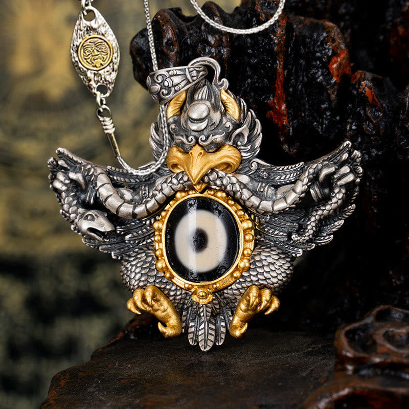 Collana Buddha Stones in argento sterling 925 con perline di protezione Dzi Garuda Bird del Tibet