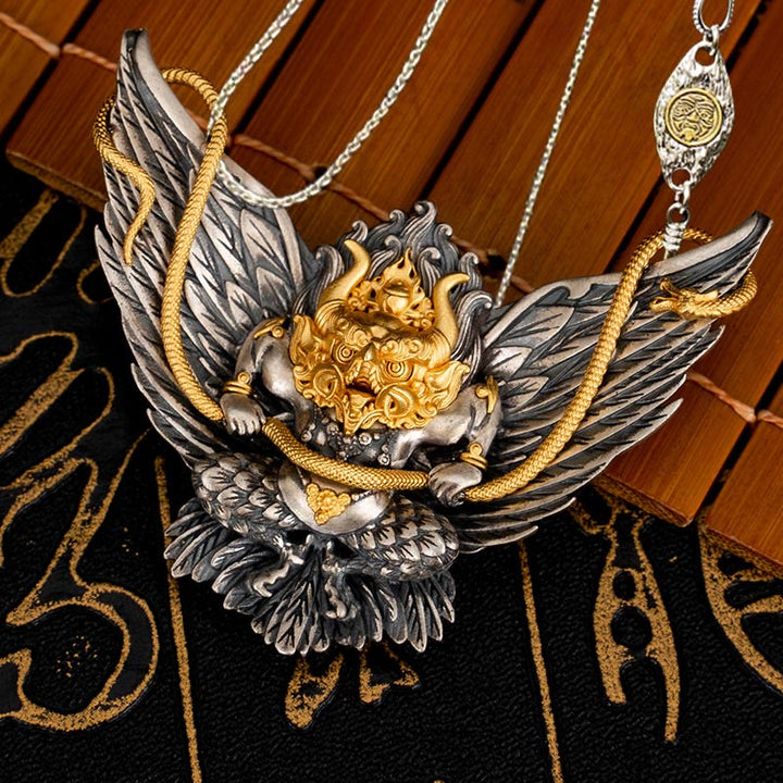 Collana con ciondolo a forma di serpente drago uccello Garuda tibetano in argento sterling 925 Buddha Stones - Catena in rame Zakiram Garuda e 50 cm - image 17