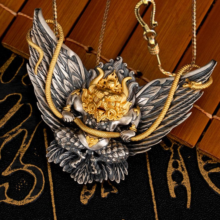 Collana con ciondolo a forma di serpente drago uccello Garuda tibetano in argento sterling 925 Buddha Stones - Garuda e catena in rame dorato da 58 cm - image 12