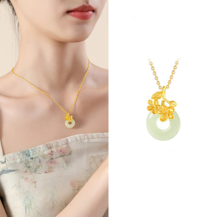 Collana con ciondolo a forma di fiore di pesco, fibbia della pace in argento sterling 999, Buddha Stones, giada di Hetian