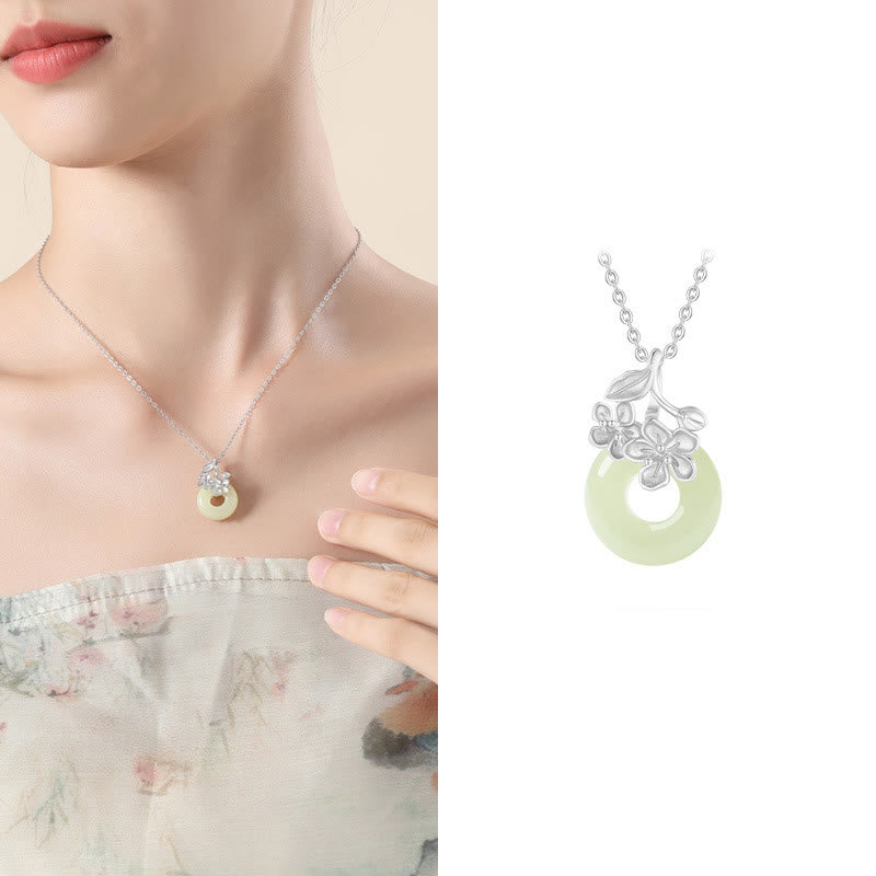 Collana con ciondolo a forma di fiore di pesco, fibbia della pace in argento sterling 999, Buddha Stones, giada di Hetian