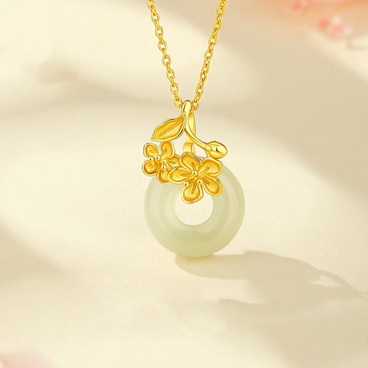Collana con ciondolo a forma di fiore di pesco, fibbia della pace in argento sterling 999, Buddha Stones, giada di Hetian