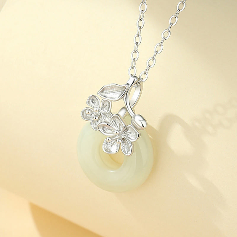 Collana con ciondolo a forma di fiore di pesco, fibbia della pace in argento sterling 999, Buddha Stones, giada di Hetian