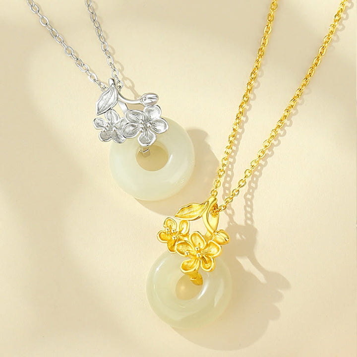 Collana con ciondolo a forma di fiore di pesco, fibbia della pace in argento sterling 999, Buddha Stones, giada di Hetian - image 10