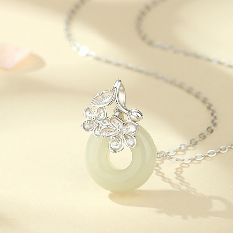 Collana con ciondolo a forma di fiore di pesco, fibbia della pace in argento sterling 999, Buddha Stones, giada di Hetian