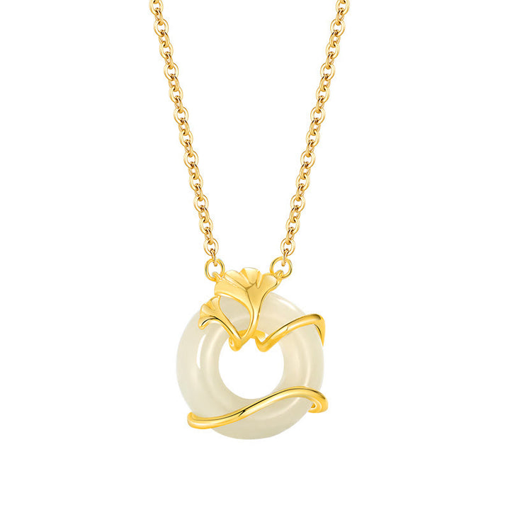 Collana con ciondolo a forma di foglia di ginkgo con fibbia della pace in argento sterling 925 Buddha Stones in giada Hetian - image 4