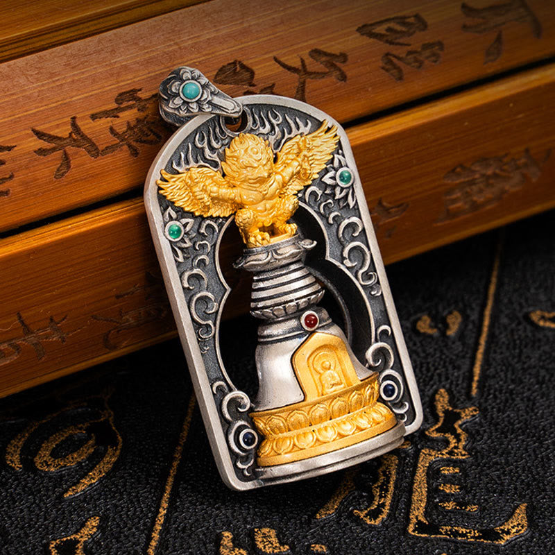 Buddha Stones 925 Sterling Silver Tibetano Garuda Uccello Vajra Dorje Campana Protezione Collana Pendente