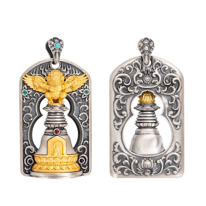 Buddha Stones 925 Sterling Silver Tibetano Garuda Uccello Vajra Dorje Campana Protezione Collana Pendente