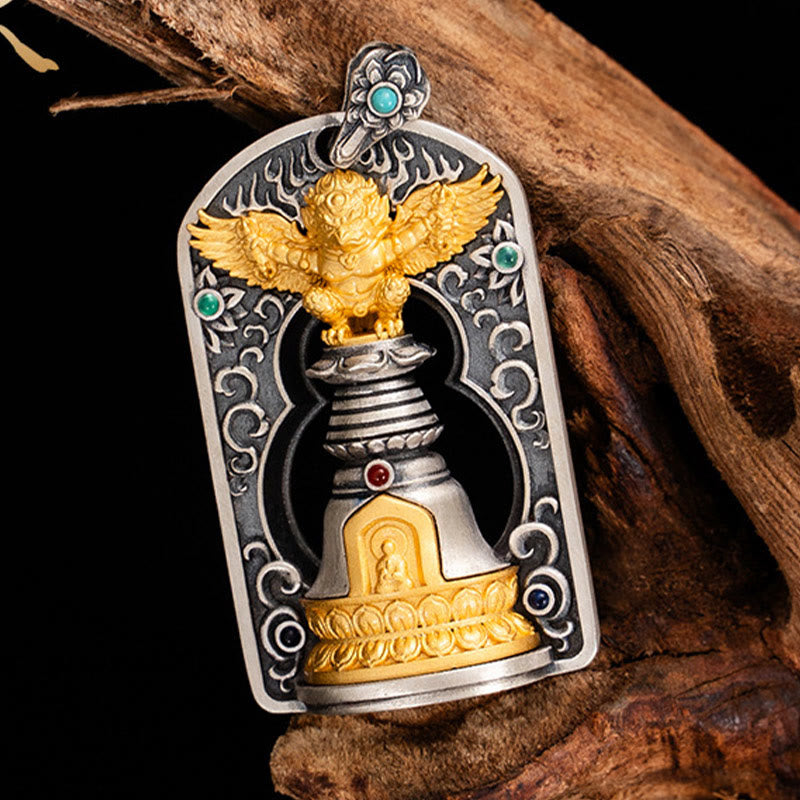 Buddha Stones 925 Sterling Silver Tibetano Garuda Uccello Vajra Dorje Campana Protezione Collana Pendente