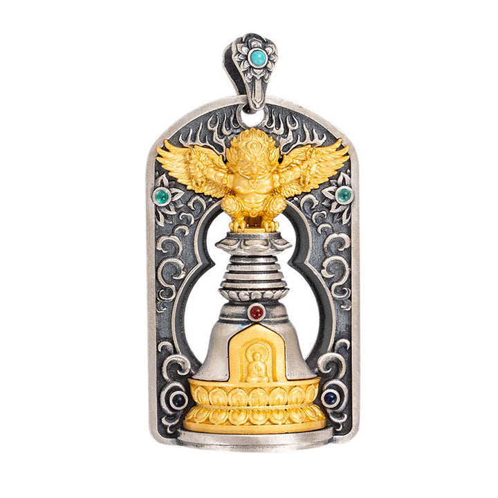 Buddha Stones 925 Sterling Silver Tibetano Garuda Uccello Vajra Dorje Campana Protezione Collana Pendente