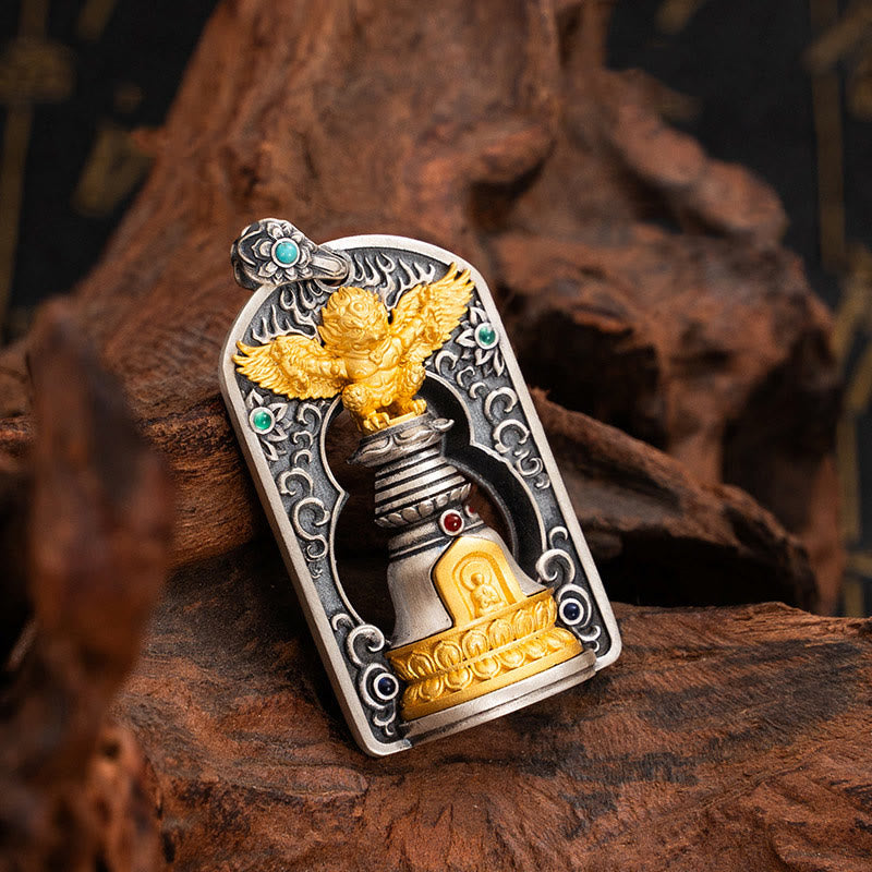 Buddha Stones 925 Sterling Silver Tibetano Garuda Uccello Vajra Dorje Campana Protezione Collana Pendente