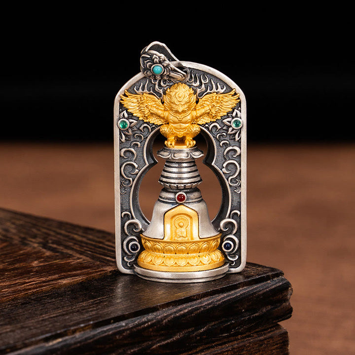 Buddha Stones 925 Sterling Silver Tibetano Garuda Uccello Vajra Dorje Campana Protezione Collana Pendente