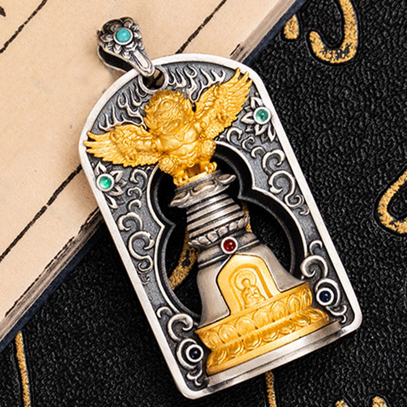 Buddha Stones 925 Sterling Silver Tibetano Garuda Uccello Vajra Dorje Campana Protezione Collana Pendente