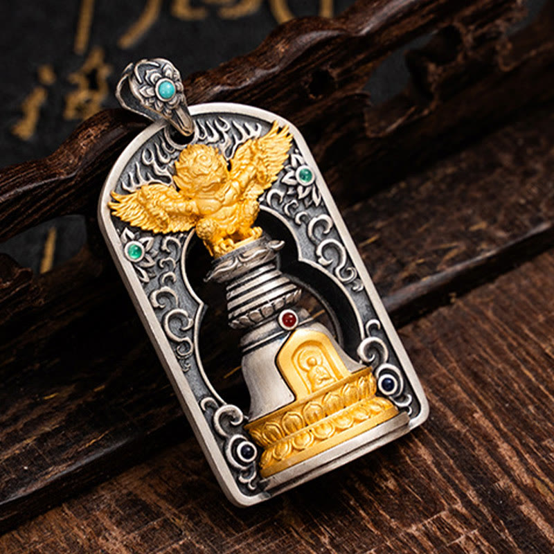 Buddha Stones 925 Sterling Silver Tibetano Garuda Uccello Vajra Dorje Campana Protezione Collana Pendente