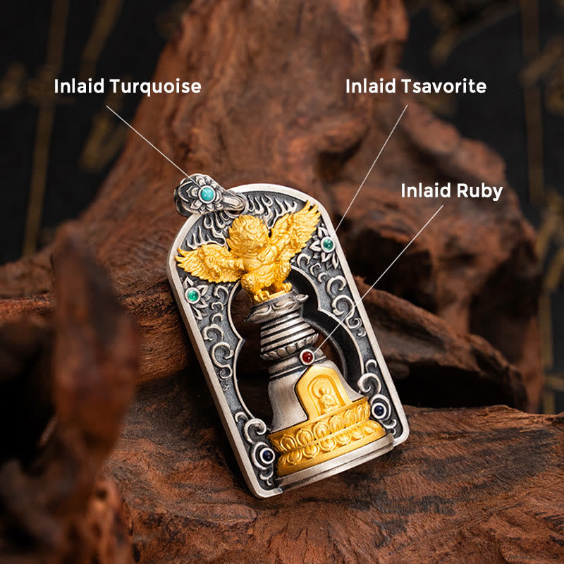 Buddha Stones 925 Sterling Silver Tibetano Garuda Uccello Vajra Dorje Campana Protezione Collana Pendente