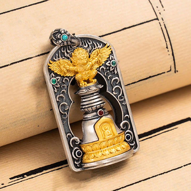 Buddha Stones 925 Sterling Silver Tibetano Garuda Uccello Vajra Dorje Campana Protezione Collana Pendente