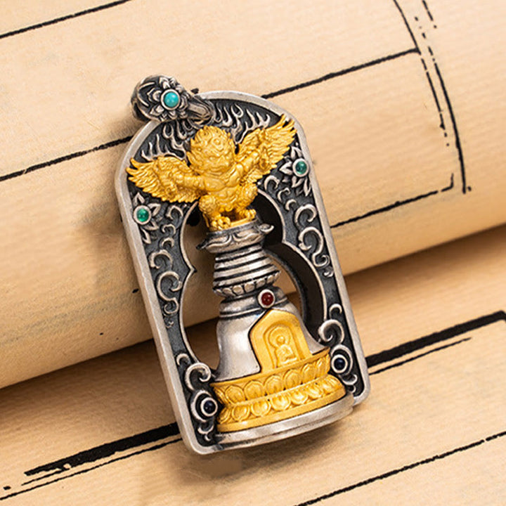Buddha Stones 925 Sterling Silver Tibetano Garuda Uccello Vajra Dorje Campana Protezione Collana Pendente