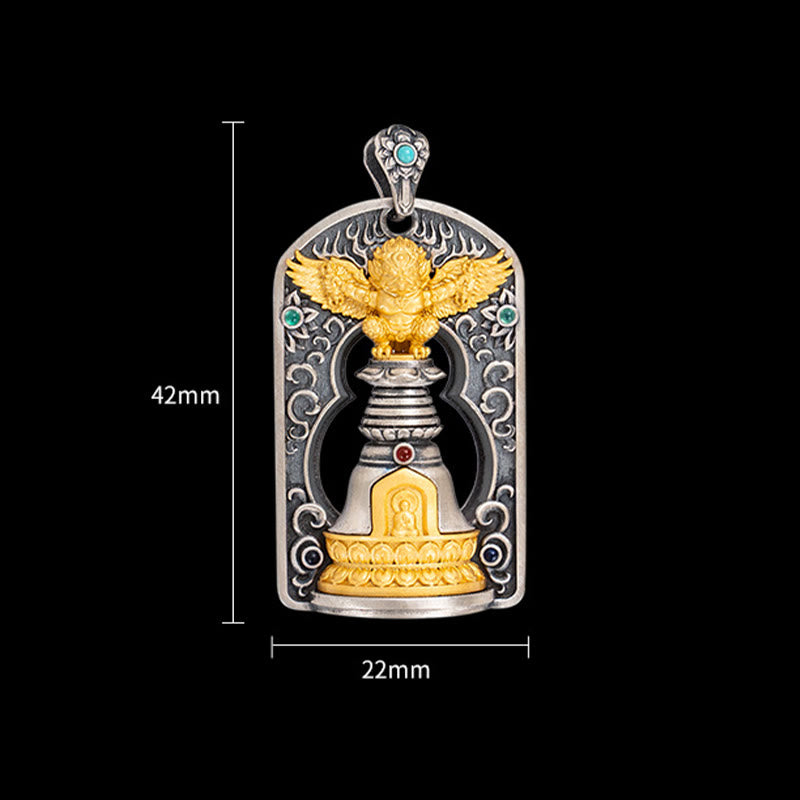 Buddha Stones 925 Sterling Silver Tibetano Garuda Uccello Vajra Dorje Campana Protezione Collana Pendente