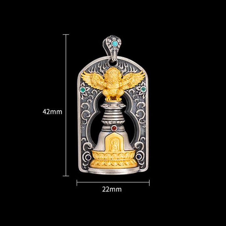 Buddha Stones 925 Sterling Silver Tibetano Garuda Uccello Vajra Dorje Campana Protezione Collana Pendente