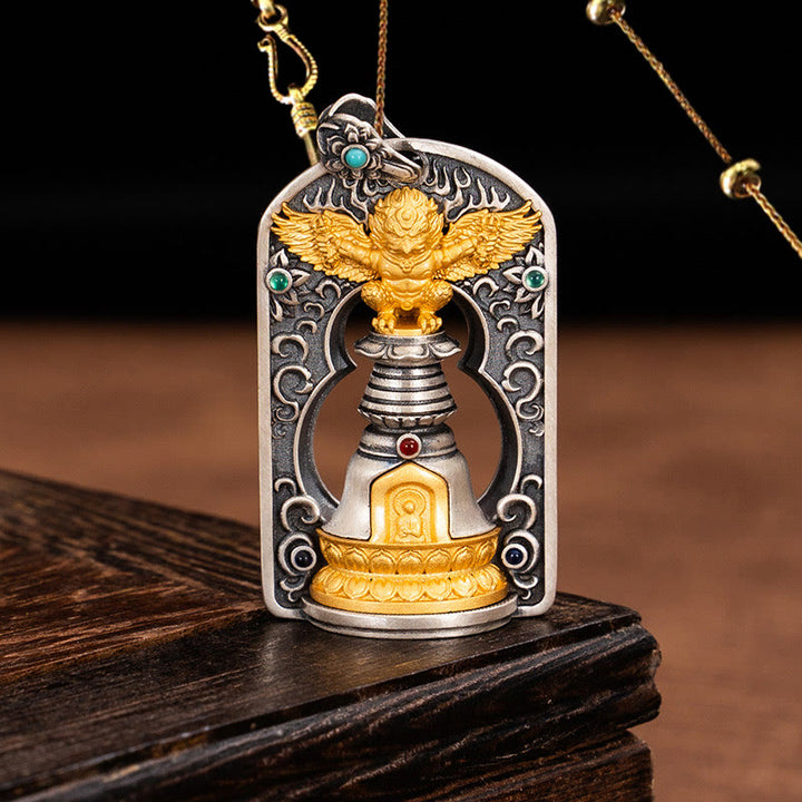 Buddha Stones 925 Sterling Silver Tibetano Garuda Uccello Vajra Dorje Campana Protezione Collana Pendente