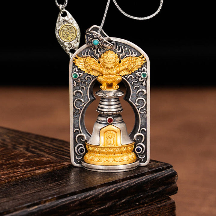 Buddha Stones 925 Sterling Silver Tibetano Garuda Uccello Vajra Dorje Campana Protezione Collana Pendente