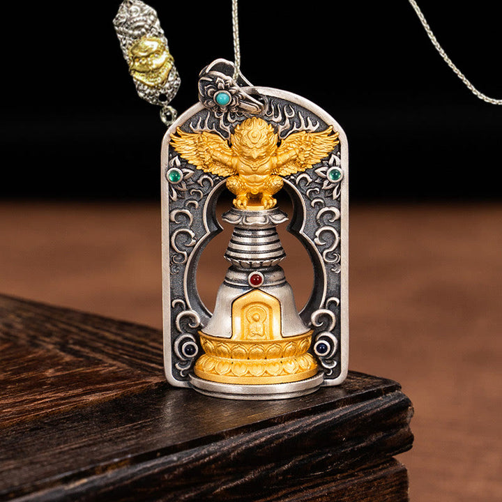 Buddha Stones 925 Sterling Silver Tibetano Garuda Uccello Vajra Dorje Campana Protezione Collana Pendente