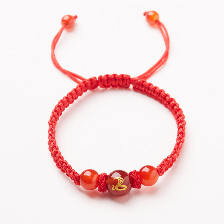 Buddha Stones Agata rossa naturale Zodiaco cinese Braccialetto di protezione e fortuna intrecciato con corda rossa