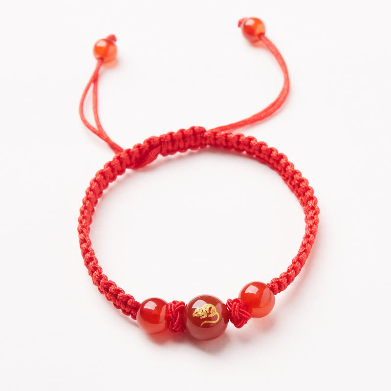 Buddha Stones Agata rossa naturale Zodiaco cinese Braccialetto di protezione e fortuna intrecciato con corda rossa