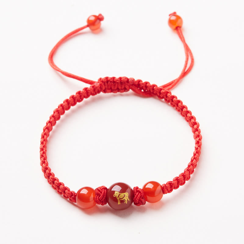Buddha Stones Agata rossa naturale Zodiaco cinese Braccialetto di protezione e fortuna intrecciato con corda rossa