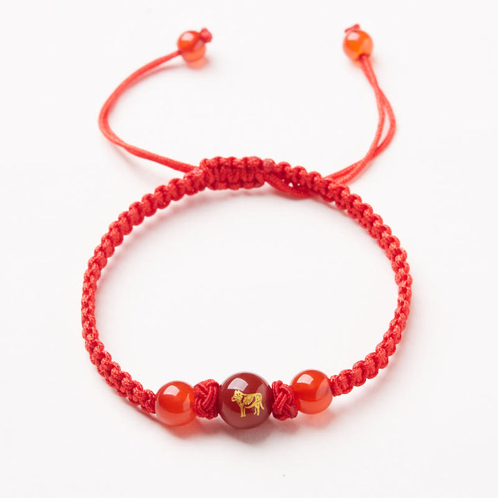 Buddha Stones Agata rossa naturale Zodiaco cinese Braccialetto di protezione e fortuna intrecciato con corda rossa