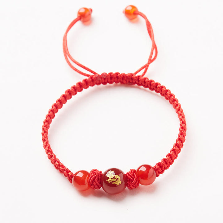 Buddha Stones Agata rossa naturale Zodiaco cinese Braccialetto di protezione e fortuna intrecciato con corda rossa