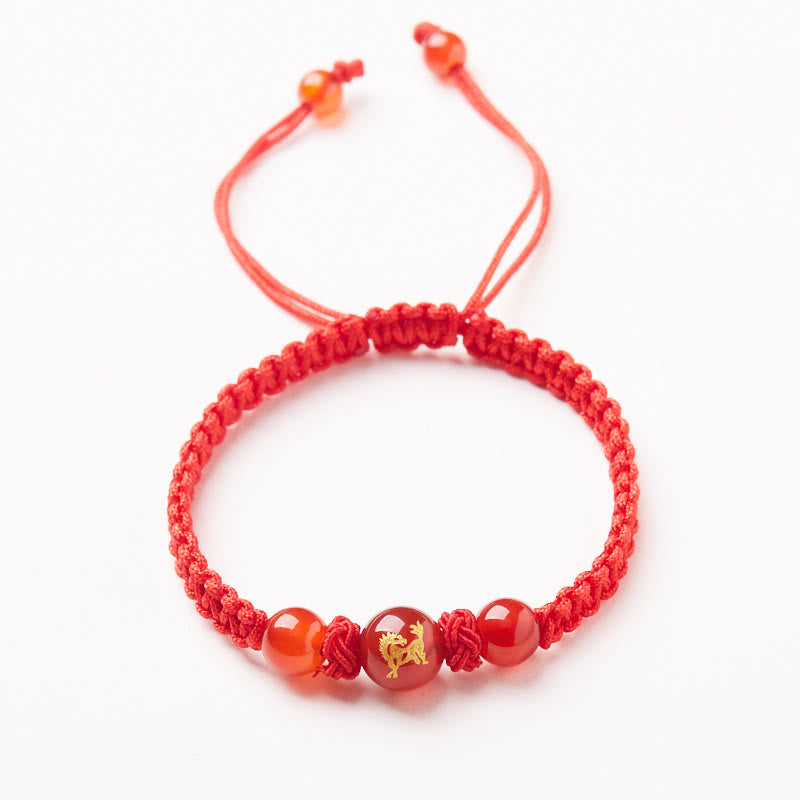 Buddha Stones Agata rossa naturale Zodiaco cinese Braccialetto di protezione e fortuna intrecciato con corda rossa