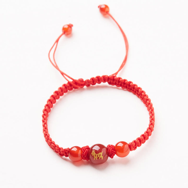 Buddha Stones Agata rossa naturale Zodiaco cinese Braccialetto di protezione e fortuna intrecciato con corda rossa