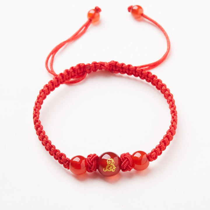 Buddha Stones Agata rossa naturale Zodiaco cinese Braccialetto di protezione e fortuna intrecciato con corda rossa