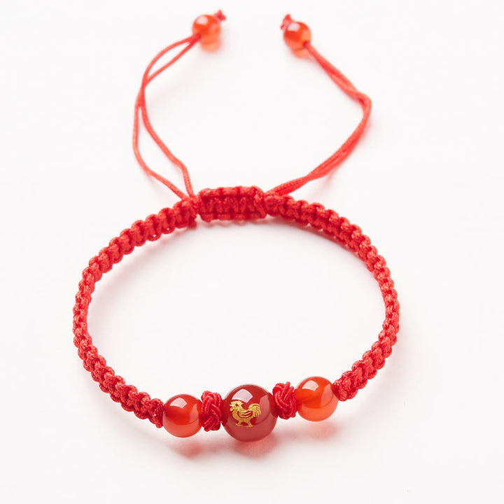 Buddha Stones Agata rossa naturale Zodiaco cinese Braccialetto di protezione e fortuna intrecciato con corda rossa