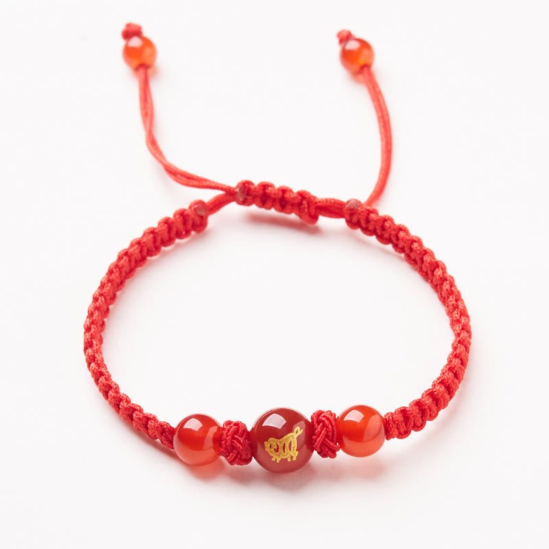 Buddha Stones Agata rossa naturale Zodiaco cinese Braccialetto di protezione e fortuna intrecciato con corda rossa