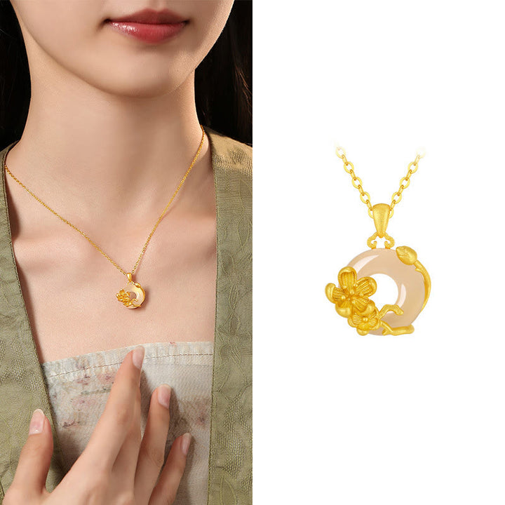 Collana con ciondolo a forma di fiori con fibbia della pace in argento sterling 925, Buddha Stones, calcedonio - Fiore di prugna - Calcedonio dorato in argento sterling 925 - image 7