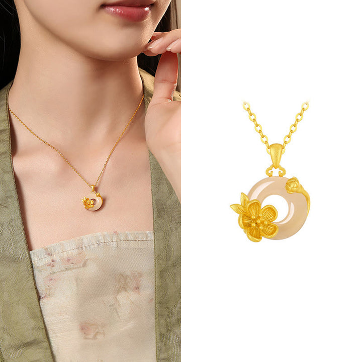 Collana con ciondolo a forma di fiori con fibbia della pace in argento sterling 925, Buddha Stones, calcedonio - Fiore di albicocca - Calcedonio dorato in argento sterling 925 - image 3