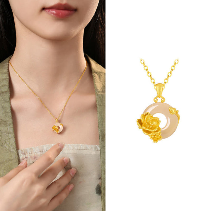 Collana con ciondolo a forma di fiori con fibbia della pace in argento sterling 925, Buddha Stones, calcedonio