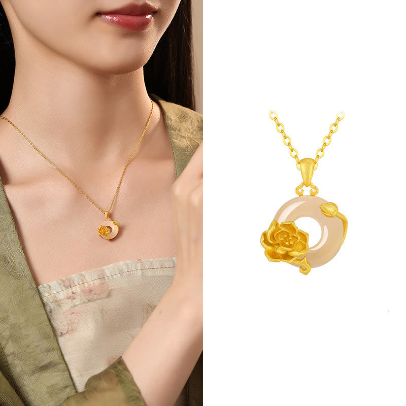 Collana con ciondolo a forma di fiori con fibbia della pace in argento sterling 925, Buddha Stones, calcedonio - Peonia - Calcedonio dorato in argento sterling 925 - image 11